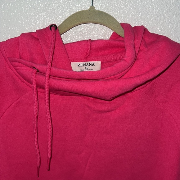 ZENANA • Hot Pink Side Tie Longline Hoodie with Kangaroo Pocket - Picture 3 of 5